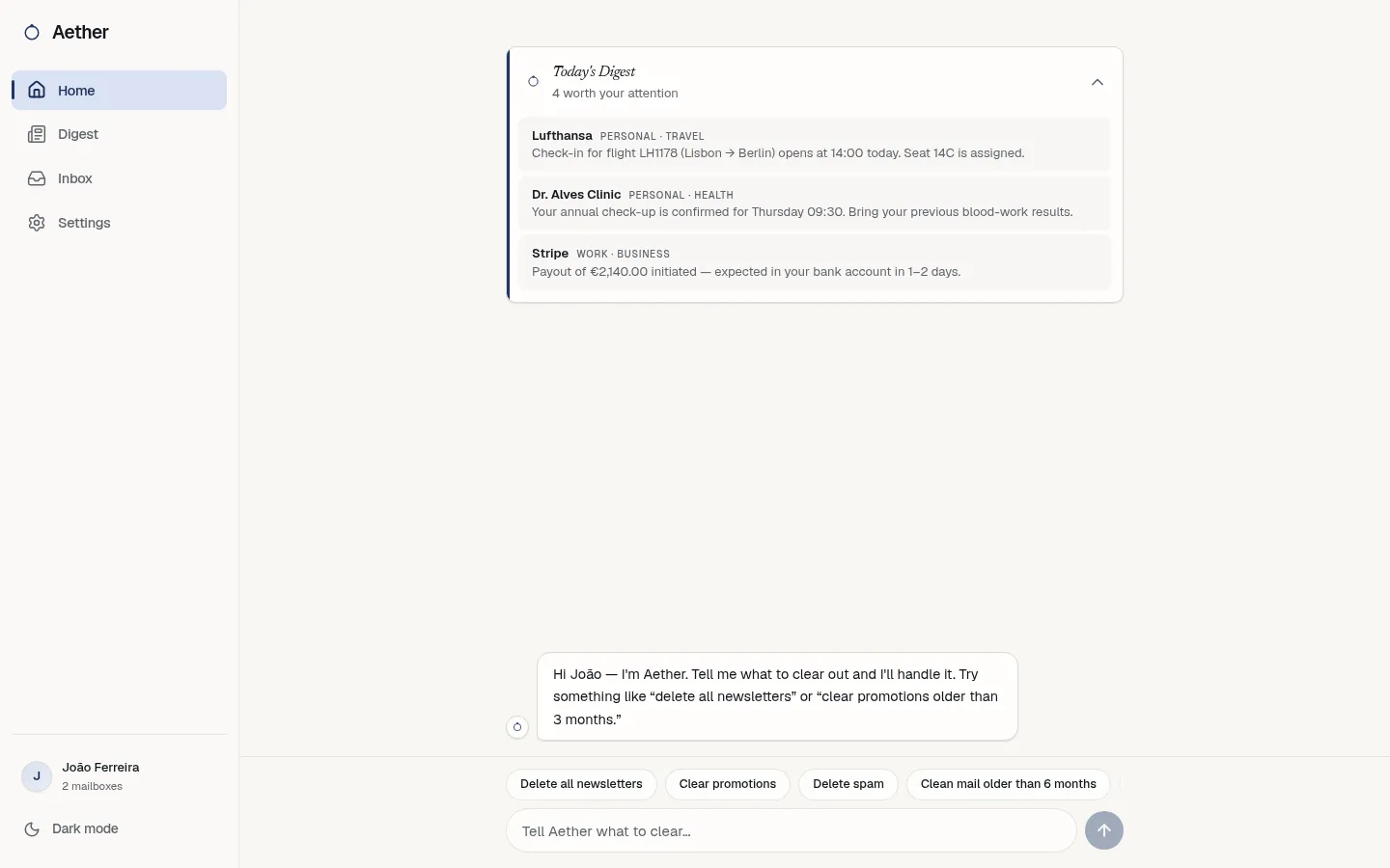 Aether Home with today's Digest and suggestions
